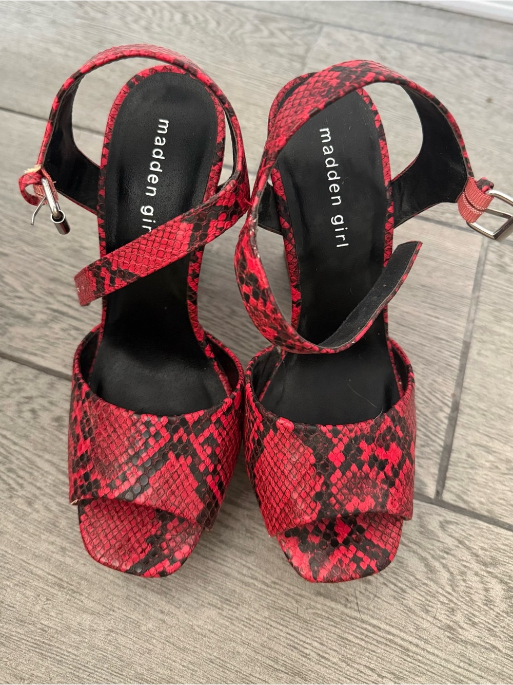 Madden Girl Red and Black Snake-Print Ankle Strap Heels
